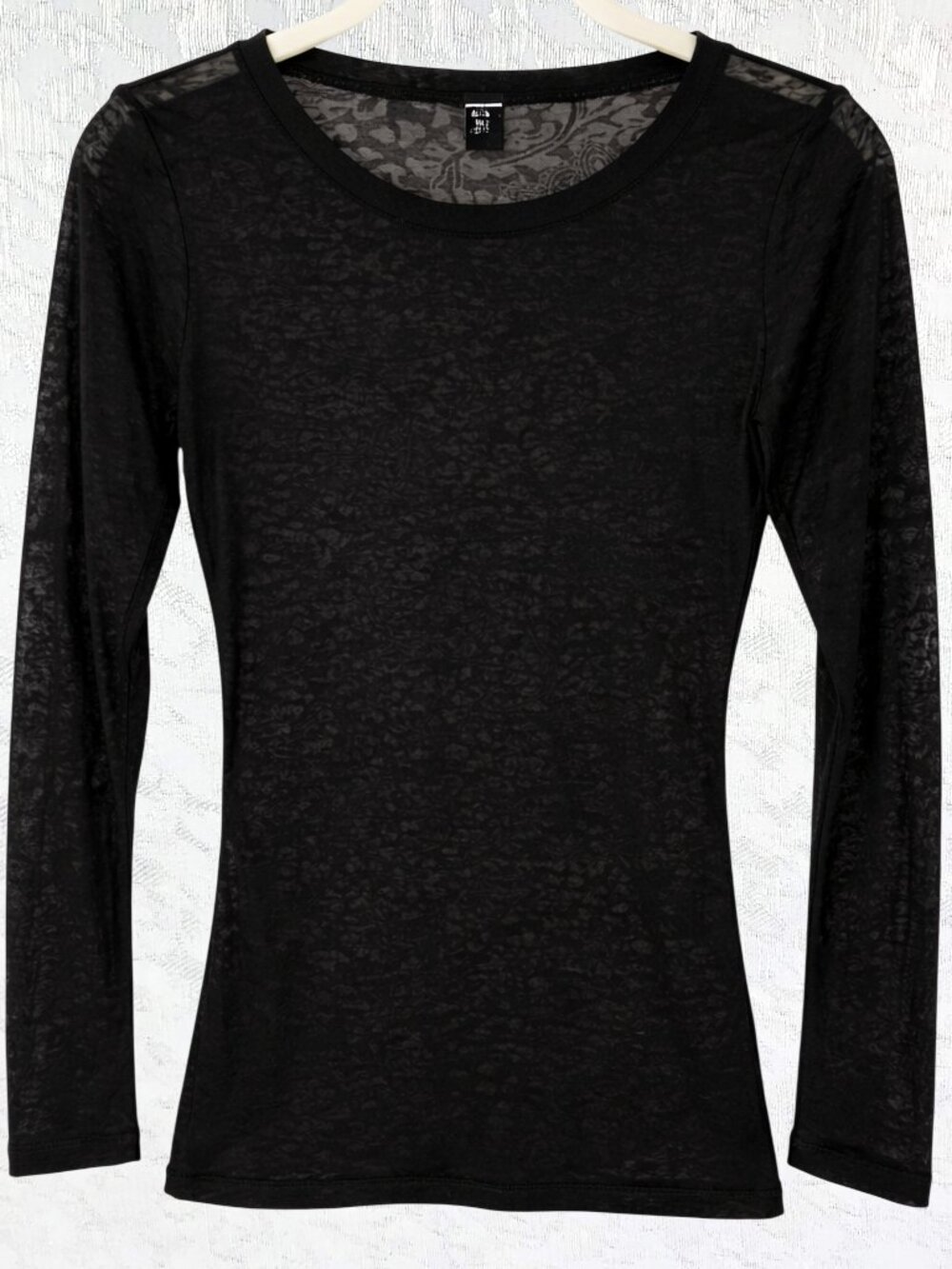 Bozzolo Black Sheer Floral Mesh Fitted Long Sleeve Y2K Layering Top Size S NWT